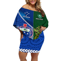 Samoa And Ireland Rugby Off Shoulder Short Dress 2023 World Cup Manu Samoa With Shamrocks LT14 Women Blue - Polynesian Pride