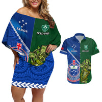 Custom Samoa And Ireland Rugby Couples Matching Off Shoulder Short Dress and Hawaiian Shirt 2023 World Cup Manu Samoa With Shamrocks LT14 Blue - Polynesian Pride