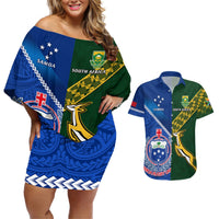 Samoa And South Africa Rugby Couples Matching Off Shoulder Short Dress and Hawaiian Shirt 2023 World Cup Manu Samoa With Springboks LT14 Blue - Polynesian Pride