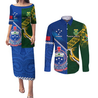 Samoa And South Africa Rugby Couples Matching Puletasi Dress and Long Sleeve Button Shirts 2023 World Cup Manu Samoa With Springboks LT14 Blue - Polynesian Pride
