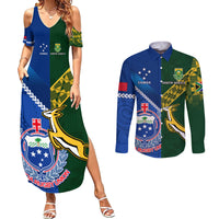 Samoa And South Africa Rugby Couples Matching Summer Maxi Dress and Long Sleeve Button Shirts 2023 World Cup Manu Samoa With Springboks LT14 Blue - Polynesian Pride