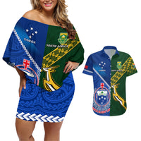 Custom Samoa And South Africa Rugby Couples Matching Off Shoulder Short Dress and Hawaiian Shirt 2023 World Cup Manu Samoa With Springboks LT14 Blue - Polynesian Pride