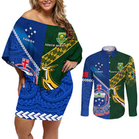 Custom Samoa And South Africa Rugby Couples Matching Off Shoulder Short Dress and Long Sleeve Button Shirts 2023 World Cup Manu Samoa With Springboks LT14 Blue - Polynesian Pride