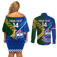 Custom Samoa And South Africa Rugby Couples Matching Off Shoulder Short Dress and Long Sleeve Button Shirts 2023 World Cup Manu Samoa With Springboks LT14 - Polynesian Pride