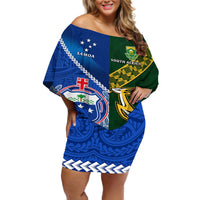 Custom Samoa And South Africa Rugby Off Shoulder Short Dress 2023 World Cup Manu Samoa With Springboks LT14 Women Blue - Polynesian Pride