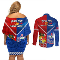 Samoa And Tonga Rugby Couples Matching Off Shoulder Short Dress and Long Sleeve Button Shirts 2023 World Cup Manu Samoa With Ikale Tahi LT14 - Polynesian Pride