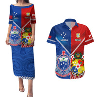 Samoa And Tonga Rugby Couples Matching Puletasi Dress and Hawaiian Shirt 2023 World Cup Manu Samoa With Ikale Tahi LT14 Blue - Polynesian Pride