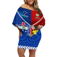 Samoa And Tonga Rugby Off Shoulder Short Dress 2023 World Cup Manu Samoa With Ikale Tahi LT14 Women Blue - Polynesian Pride