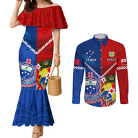 Custom Samoa And Tonga Rugby Couples Matching Mermaid Dress and Long Sleeve Button Shirts 2023 World Cup Manu Samoa With Ikale Tahi LT14 Blue - Polynesian Pride