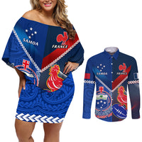 Samoa And France Rugby Couples Matching Off Shoulder Short Dress and Long Sleeve Button Shirts 2023 World Cup Manu Samoa With Les Bleus LT14 Blue - Polynesian Pride