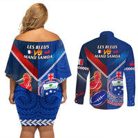 Samoa And France Rugby Couples Matching Off Shoulder Short Dress and Long Sleeve Button Shirts 2023 World Cup Manu Samoa With Les Bleus LT14 - Polynesian Pride