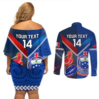 Custom Samoa And France Rugby Couples Matching Off Shoulder Short Dress and Long Sleeve Button Shirts 2023 World Cup Manu Samoa With Les Bleus LT14 - Polynesian Pride