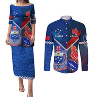 Custom Samoa And France Rugby Couples Matching Puletasi Dress and Long Sleeve Button Shirts 2023 World Cup Manu Samoa With Les Bleus LT14 Blue - Polynesian Pride