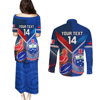 Custom Samoa And France Rugby Couples Matching Puletasi Dress and Long Sleeve Button Shirts 2023 World Cup Manu Samoa With Les Bleus LT14 - Polynesian Pride