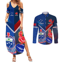 Custom Samoa And France Rugby Couples Matching Summer Maxi Dress and Long Sleeve Button Shirts 2023 World Cup Manu Samoa With Les Bleus LT14 Blue - Polynesian Pride