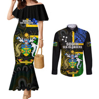 Personalised South Sea Islanders Couples Matching Mermaid Dress and Long Sleeve Button Shirts Kanakas With Solomon Islands Coat Of Arms LT14 Black - Polynesian Pride