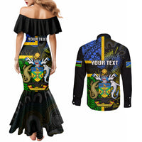 Personalised South Sea Islanders Couples Matching Mermaid Dress and Long Sleeve Button Shirts Kanakas With Solomon Islands Coat Of Arms LT14 - Polynesian Pride