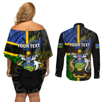 Personalised South Sea Islanders Couples Matching Off Shoulder Short Dress and Long Sleeve Button Shirts Kanakas With Solomon Islands Coat Of Arms LT14 - Polynesian Pride