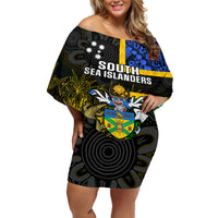Personalised South Sea Islanders Off Shoulder Short Dress Kanakas With Solomon Islands Coat Of Arms LT14 Women Black - Polynesian Pride