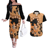 Orange Hawaii Couples Matching Off The Shoulder Long Sleeve Dress and Hawaiian Shirt Tapa Cloth Mix Tropical Flowers Pastel Vibes LT14 Orange - Polynesian Pride