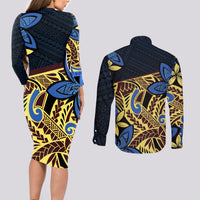 Polynesia Fabric Couples Matching Long Sleeve Bodycon Dress and Long Sleeve Button Shirt Polynesian Tribal With Frangipani Flowers LT14 - Polynesian Pride