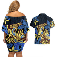 Polynesia Fabric Couples Matching Off Shoulder Short Dress and Hawaiian Shirt Polynesian Tribal With Frangipani Flowers LT14 - Polynesian Pride