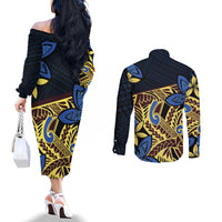 Polynesia Fabric Couples Matching Off The Shoulder Long Sleeve Dress and Long Sleeve Button Shirt Polynesian Tribal With Frangipani Flowers LT14 - Polynesian Pride