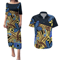 Polynesia Fabric Couples Matching Puletasi Dress and Hawaiian Shirt Polynesian Tribal With Frangipani Flowers LT14 Blue - Polynesian Pride