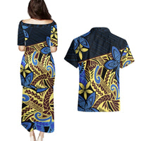 Polynesia Fabric Couples Matching Puletasi Dress and Hawaiian Shirt Polynesian Tribal With Frangipani Flowers LT14 - Polynesian Pride