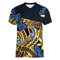 Polynesia Fabric Women V Neck T Shirt Polynesian Tribal With Frangipani Flowers LT14 Female Blue - Polynesian Pride