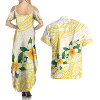 Gold And White Polynesia Plumeria Couples Matching Summer Maxi Dress and Hawaiian Shirt Curves Tropical Vibes