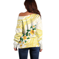 Gold And White Polynesia Plumeria Off Shoulder Sweater Curves Tropical Vibes