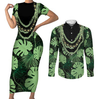 Green Hawaii Kukui Nut Lei Couples Matching Short Sleeve Bodycon Dress and Long Sleeve Button Shirt Hawaiian Pattern Monstera Tropical Vibes - Polynesian Pride