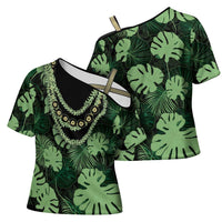 Green Hawaii Kukui Nut Lei Cross Shoulder Shirt Hawaiian Pattern Monstera Tropical Vibes - Polynesian Pride