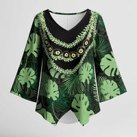 Green Hawaii Kukui Nut Lei Kimono Sleeve Blouse Hawaiian Pattern Monstera Tropical Vibes - Polynesian Pride