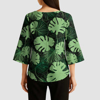 Green Hawaii Kukui Nut Lei Kimono Sleeve Blouse Hawaiian Pattern Monstera Tropical Vibes - Polynesian Pride