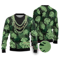 Green Hawaii Kukui Nut Lei Ugly Christmas Sweater Hawaiian Pattern Monstera Tropical Vibes - Polynesian Pride
