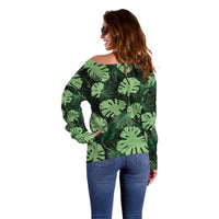Green Hawaii Kukui Nut Lei Off Shoulder Sweater Hawaiian Pattern Monstera Tropical Vibes - Polynesian Pride