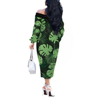 Green Hawaii Kukui Nut Lei Off The Shoulder Long Sleeve Dress Hawaiian Pattern Monstera Tropical Vibes - Polynesian Pride