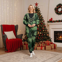 Green Hawaii Kukui Nut Lei Christmas Pajama Set Hawaiian Pattern Monstera Tropical Vibes - Polynesian Pride