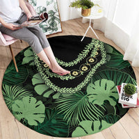 Green Hawaii Kukui Nut Lei Round Carpet Hawaiian Pattern Monstera Tropical Vibes - Polynesian Pride