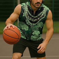 Green Hawaii Kukui Nut Lei Sleeveless Zip Hoodie Hawaiian Pattern Monstera Tropical Vibes - Polynesian Pride