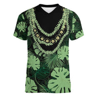 Green Hawaii Kukui Nut Lei Women V-Neck T-Shirt Hawaiian Pattern Monstera Tropical Vibes LT14 Female Green - Polynesian Pride