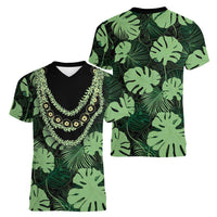 Green Hawaii Kukui Nut Lei Women V-Neck T-Shirt Hawaiian Pattern Monstera Tropical Vibes LT14 - Polynesian Pride