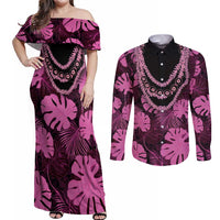 Pink Hawaii Kukui Nut Lei Couples Matching Off Shoulder Maxi Dress and Long Sleeve Button Shirt Hawaiian Pattern Monstera Tropical Vibes - Polynesian Pride