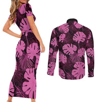 Pink Hawaii Kukui Nut Lei Couples Matching Short Sleeve Bodycon Dress and Long Sleeve Button Shirt Hawaiian Pattern Monstera Tropical Vibes - Polynesian Pride