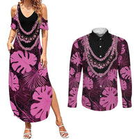 Pink Hawaii Kukui Nut Lei Couples Matching Summer Maxi Dress and Long Sleeve Button Shirt Hawaiian Pattern Monstera Tropical Vibes - Polynesian Pride