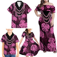 Pink Hawaii Kukui Nut Lei Family Matching Off Shoulder Maxi Dress and Hawaiian Shirt Hawaiian Pattern Monstera Tropical Vibes - Polynesian Pride