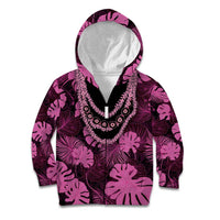 Pink Hawaii Kukui Nut Lei Kid Hoodie Hawaiian Pattern Monstera Tropical Vibes - Polynesian Pride