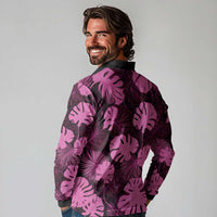 Pink Hawaii Kukui Nut Lei Long Sleeve Polo Shirt Hawaiian Pattern Monstera Tropical Vibes - Polynesian Pride